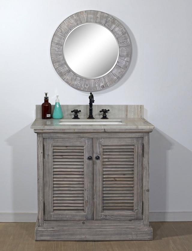 WK1936-G-CS SQ TOP 36 in. Solid Recycled Fir Single Sink Vanity in Grey Driftwood With Coastal Sands Marble Top With Rectangular Sink-No