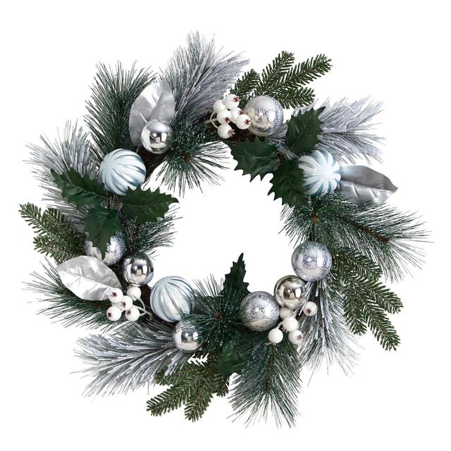 W1268 24 in. Pinecones & Berries Christmas Artificial Wreath with Ornaments&#44; Silver