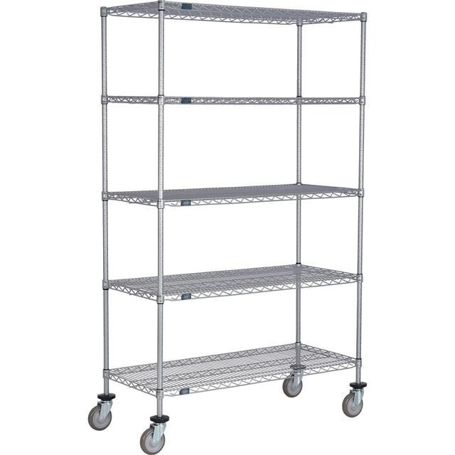 Global Industrial C14425PEP5 Nexel 5 Shelf Truck&#44; Nexelate 42 x 14 x 60 in. - Polyurethane Swivel Casters - Silver