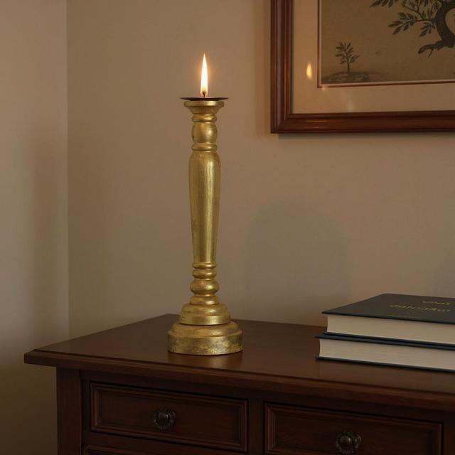 636195 29 in. Gold Distressed Solid Wood Tabletop Taper Candlestick