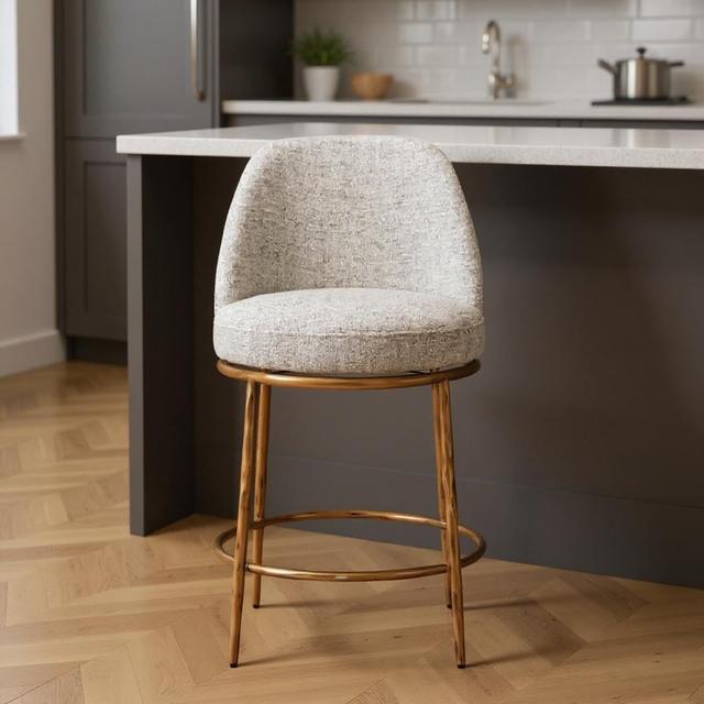 555677 35.80 x 19.10 x 21.90 in. Beige & Gold Fabric & Steel Counter Height Swivel Bar Chair