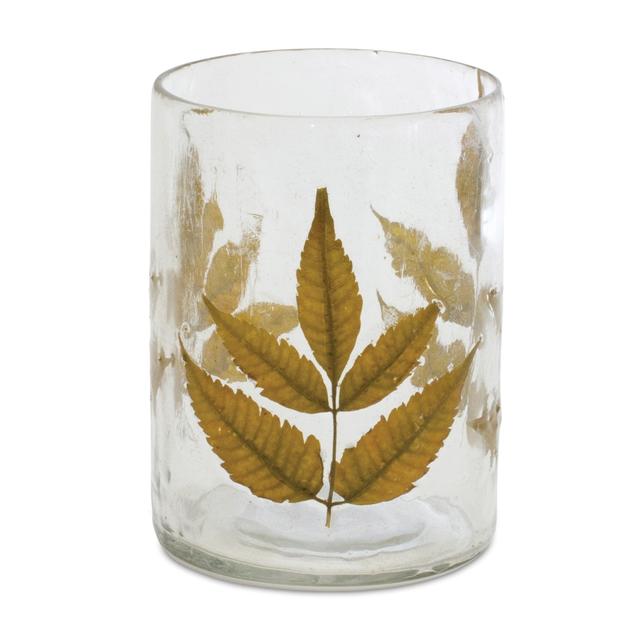 635223 Brown Distressed Botanical Leaf Glass Tabletop Hurricane Candle Holder - Set of 3