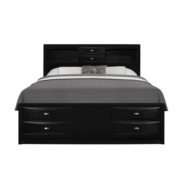 Black Veneer Queen Bed with Bookcase Headboard 10 Drawers