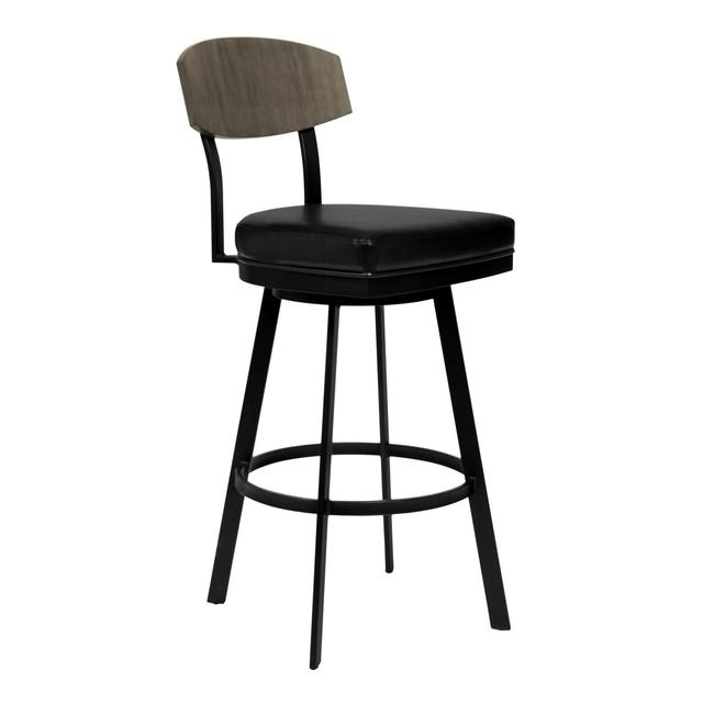 26 in. Black Faux Leather Black Metal & Gray Walnut Open Back Swivel Bar Stool