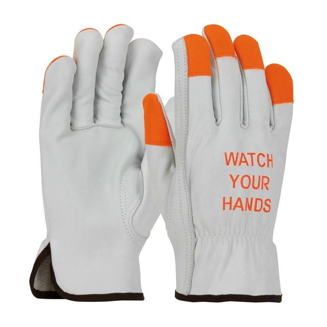 112-68-162HV-L Cowhide Leather Drivers Gloves with Hi-Vis Fingers - Large, Orange & Natural