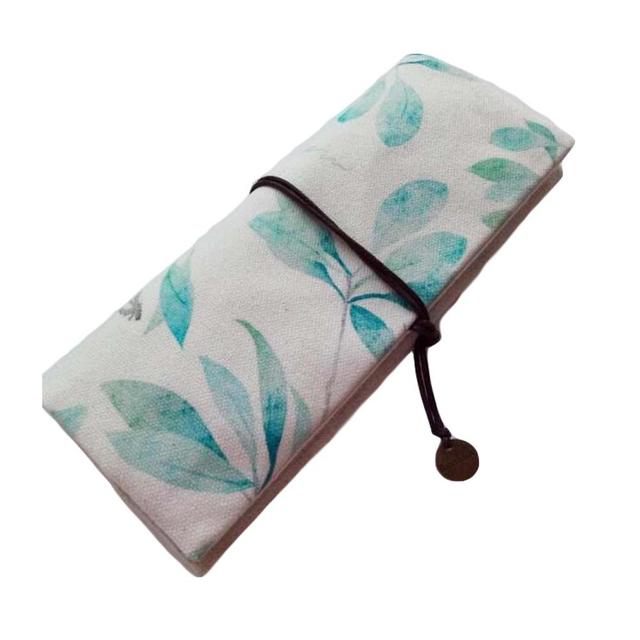 PS-OFF12901041-DORIS00290 Green Leaves Zakka Cosmetic Pencil Pouch Linen Pen Case Roll up Pencil Case