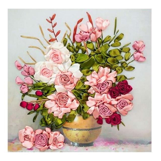 19.6 x 25.5 in. Rose Embroidery Starter DIY Floral Silk Ribbon Embroidery Kit for Wall Decoration, Pink