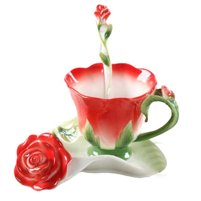 5.1 oz Red Rose Shape Design Porcelain Coffee Tea Cup Sets with Saucer & Spoon&#44; Multi Color