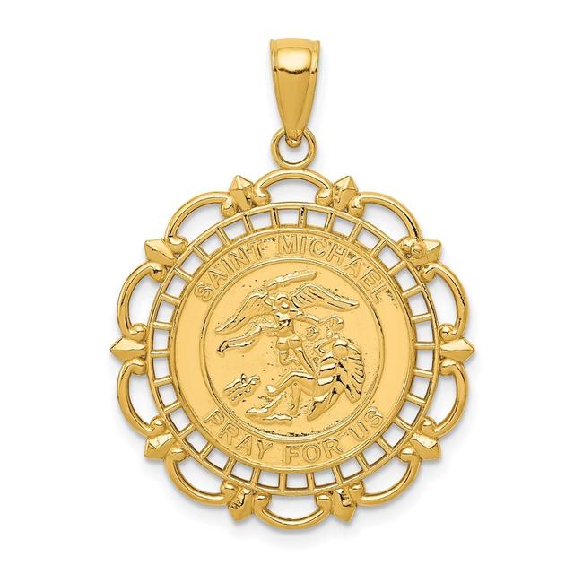 14K Yellow Gold Polished &amp; Satin Saint Michael Medal Pendant