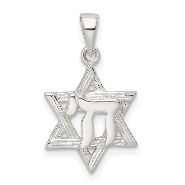 Sterling Silver Polished &amp; Diamond-Cut Star of David with Chai Pendant