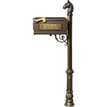 LMC-701-BZ Mailbox Post System with Ornate Base & Horsehead Finial & 3 Cast Plates, Bronze