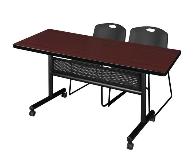 60 x 30 in. Flip Top Mobile Training Table with Modesty Panel, Mahogany & 2 in. Zeng Stack Chairs - Black