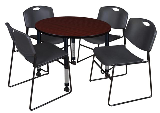 42 in. Kee Round Height Adjustable Mobile Classroom Table&#44; Mahogany & 4 Zeng Stack Chairs - Black