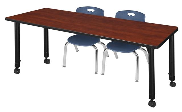 66 x 30 in. Kee Height Adjustable Mobile Classroom Table, Cherry 12 in. Stack Chairs - Navy Blue
