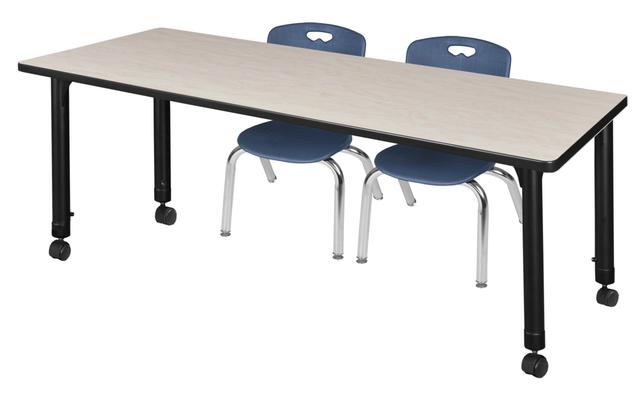 66 x 30 in. Kee Height Adjustable Mobile Classroom Table&#44; Maple & 2 Andy 12 in. Stack Chairs - Navy Blue