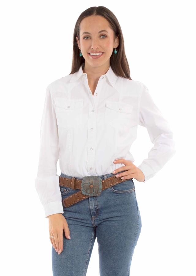 HC933-WHT-S Western Shirt Womens Long Sleeve Solid Snap Front, White - Small