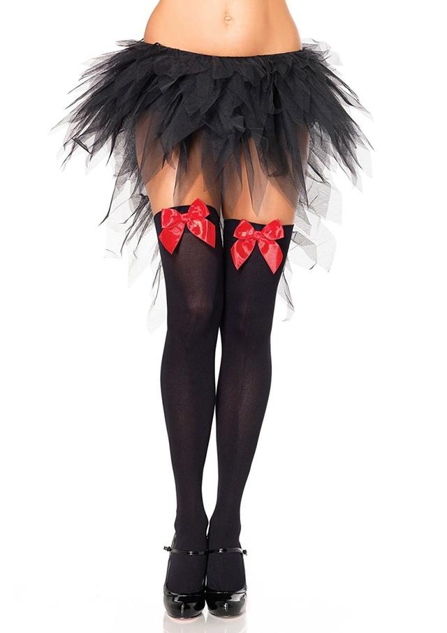 4742-BLACK-RED Satin Bow Opaque Thigh High, Black & Red