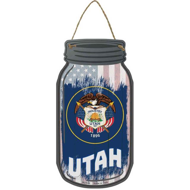 MJ-546 4 x 8 in. Utah USA Flag Novelty Metal Mason Jar Sign