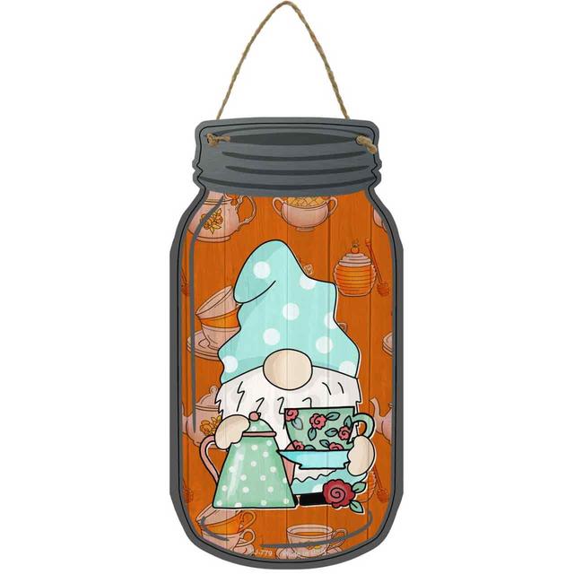 MJ-779 4 x 8 in. Cup of Tea Novelty Metal Mason Jar Sign with Gnome