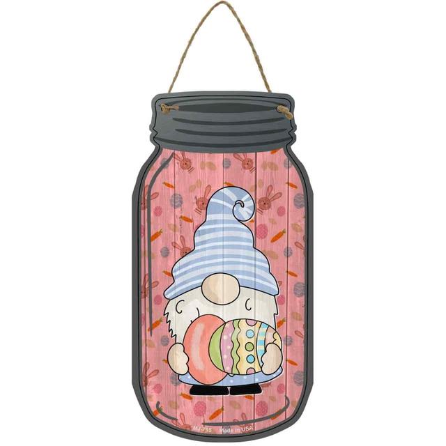 MJ-715 4 x 8 in. Egg Novelty Metal Mason Jar Sign with Gnome, Red