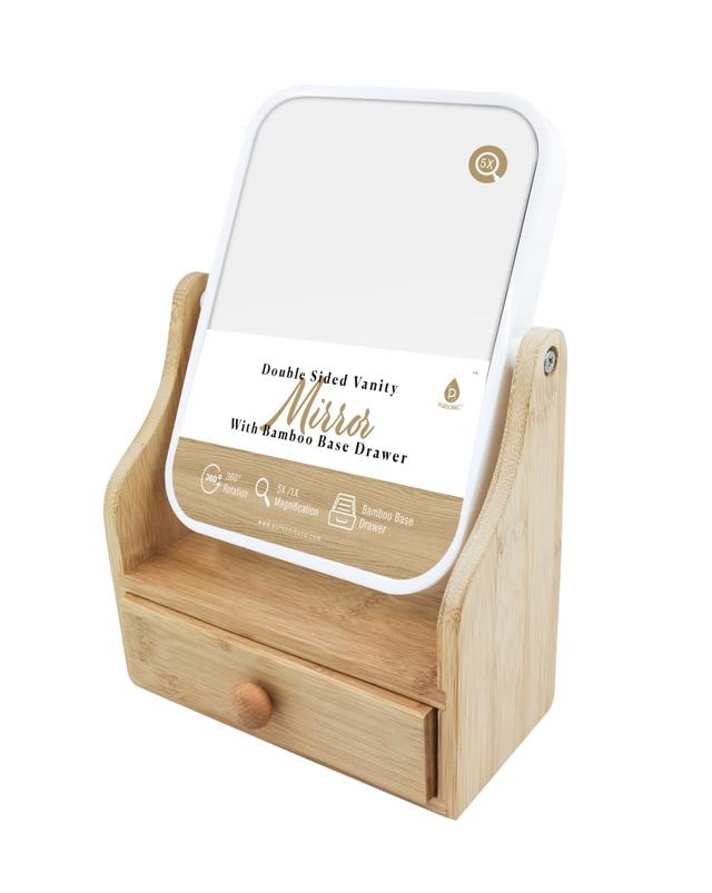 Dual Sided Vanity Mirror with Bamboo Drawer & 5X Magnification