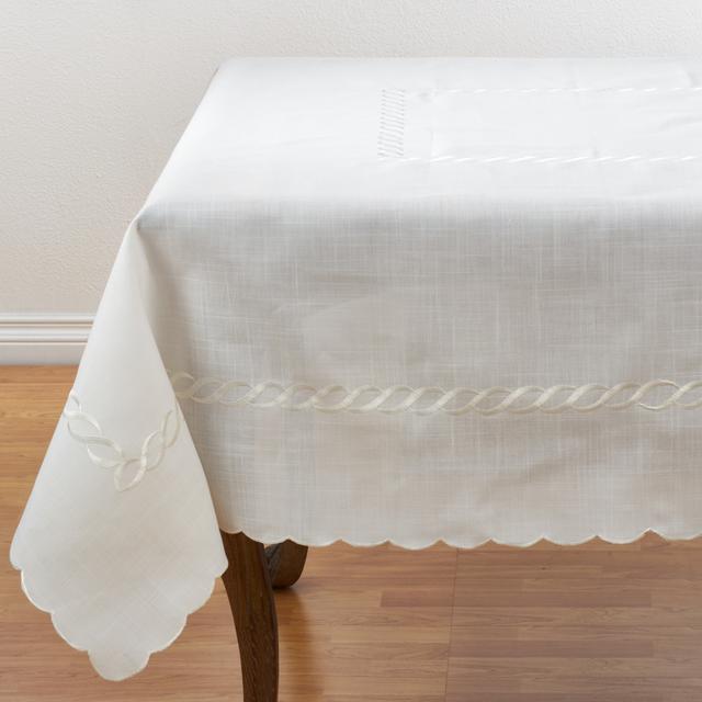SARO  67 in. Embroidered Braid Design Tablecloth - White