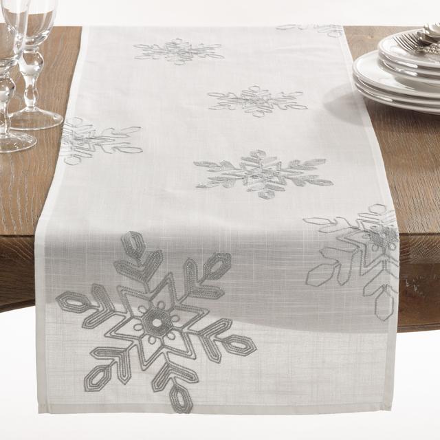 16 x 108 in. Embroidered Snowflakes Table Runner&#44; Silver