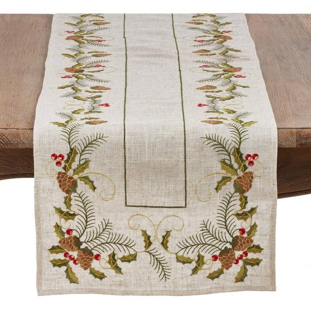 1851.N1690B 16 x 90 in. Embroidered Pinecone & Holly Table Runner&#44; Natural