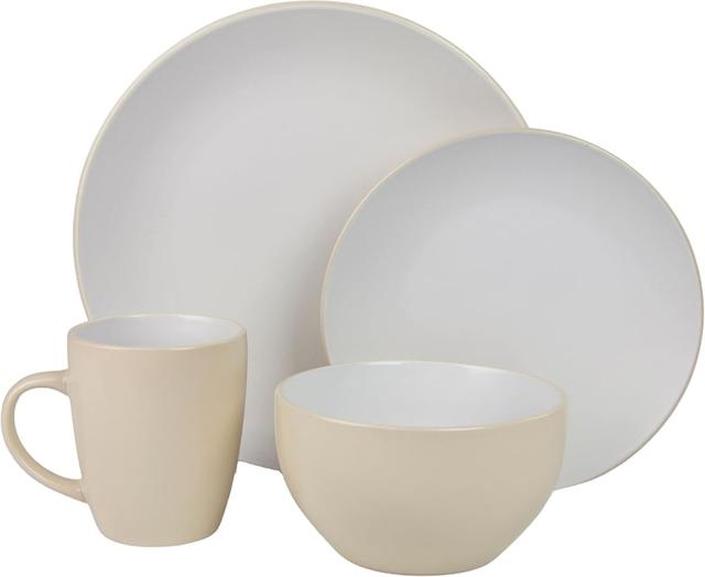2TONE-16-GRYW 16 Piece Two Tone Coupe Dinnerware Set, Tan & White
