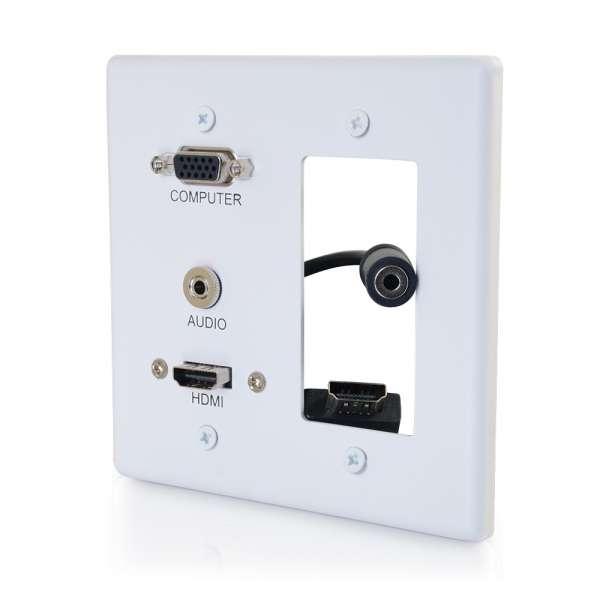 HDMI&#44; VGA & 3.5 mm Audio Pass Through Double Gang Wall Plate with One Decorative Cutout&#44; White