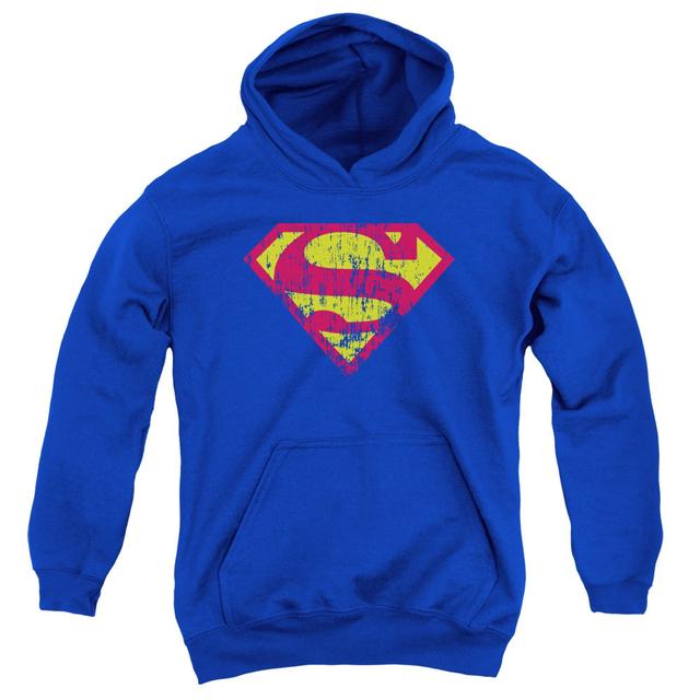 SM1498B-YFTH-3 Superman Classic Logo Distressed Youth Hooded Sweatshirt, Royal - Large