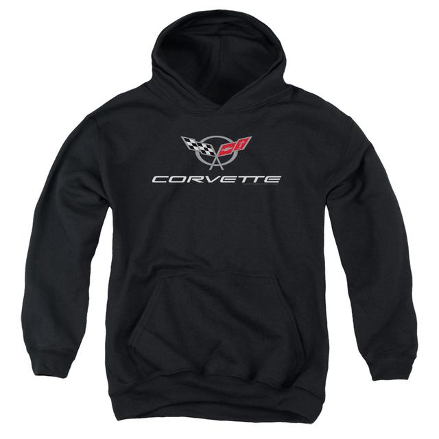 CHV159-YFTH-2 Chevrolet & Corvette Modern Emblem Youth Pull-Over Hoodie&#44; Black - Medium