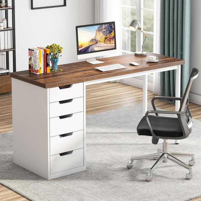 TB-RY0060X 47 in. Computer Desk with 5 Drawers - Rustic Brown