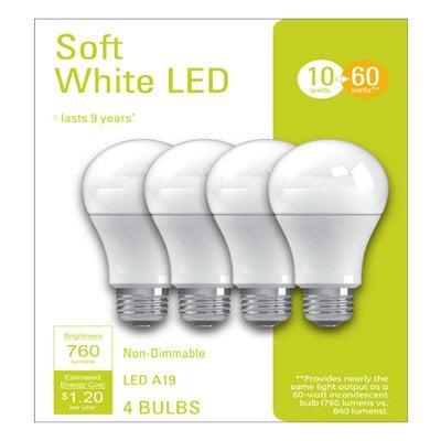 235063 10W A19 Shape Soft White Light LED Light Bulb - Pack of 4