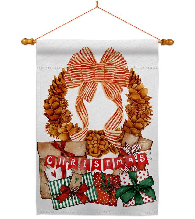 28 x 40 in. Pine Cone Wreath House Flag Set Wintertime Christmas Double-Sided Decorative Vertical Flags & Decoration Banner Garden Yard Gift