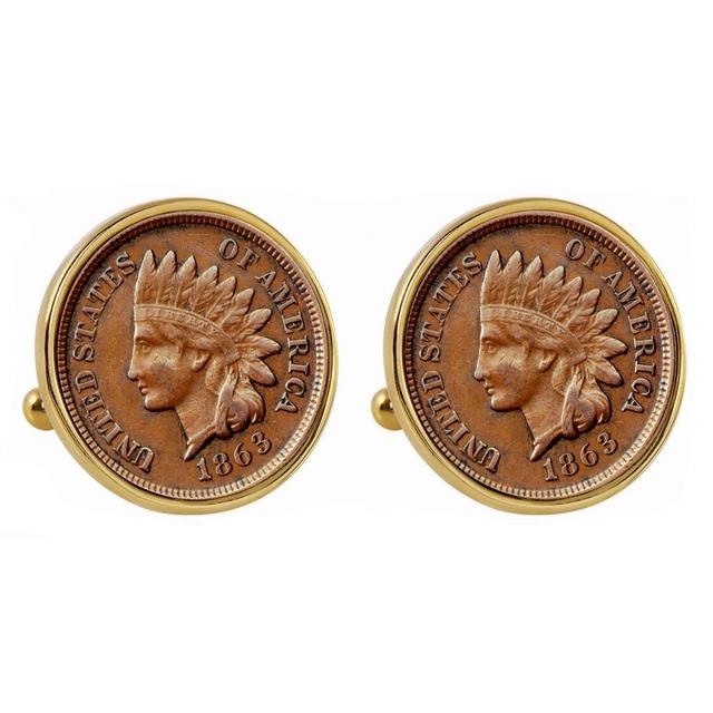 14137 1800s Indian Penny Goldtone Bezel Coin Cuff Links