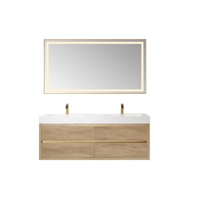 60M in. Palencia Double Sink Wall-Mount Bathroom Vanity&#44; North American Oak with White Composite Integral Square Sink Top & Mirror