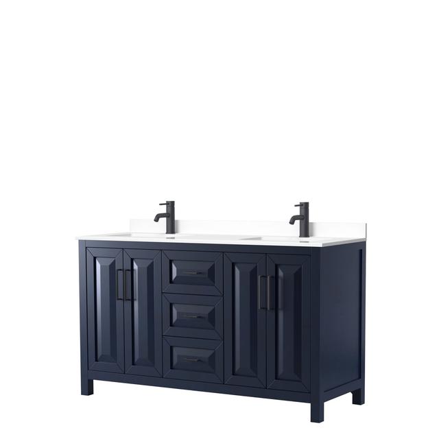 0.75 x 60 x 22 in. Daria Double Bathroom Vanity with White Cultured Marble Countertop Undermount Square Sink & Matte Black Trim&#44; Dark Blue