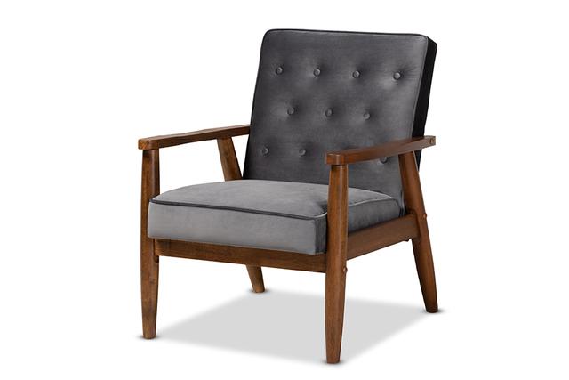 BBT8013-Grey Velvet-Walnut-CC Sorrento Mid-century Modern Grey Velvet Fabric Upholstered Walnut Finished Wooden Lounge Chair