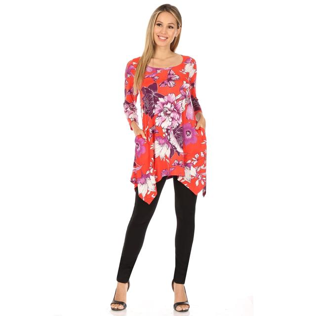 1301-57-S Floral Scoop Neck Tunic Top with Pockets, Red & Purple - Small