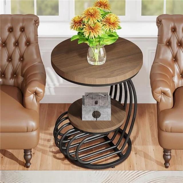 TB-NY202 19.68 in. Round Vintage End Table with 2-Tier Storage - Light Brown