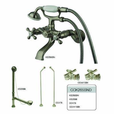 Vintage Wall Mount Clawfoot Tub Faucet Package with Offset Supply Lines in Satin Nickel