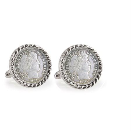 Silver Barber Dime Silvertone Rope Bezel Cuff Links