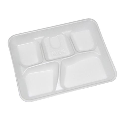 PCT 5-Compartment Lightweight Foam School Trays, White - 8.5 in. - 500 Per Carton