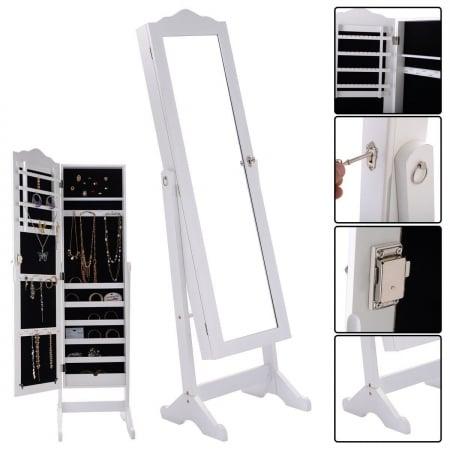 Armoire Mirrored Jewelry Cabinet Organizer Storage Box with Stand & Lock - White
