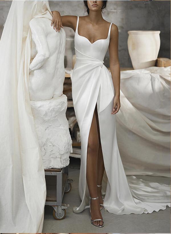 Trumpet/Mermaid V Neck Sweep Train Charmeuse Wedding Dresses With Split Front