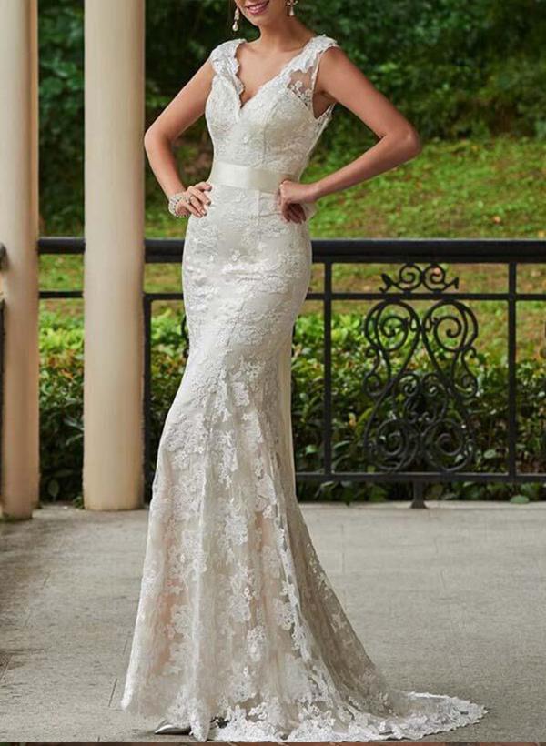 Sheath/Column V-Neck Lace Sweep Train Wedding Dresses With Bow(s) Lace