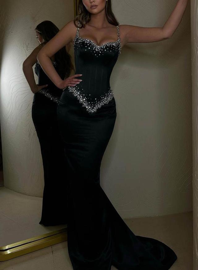 Sparkly Fitted Glitter Spaghetti Straps Trumpet Prom Dresses With Corset