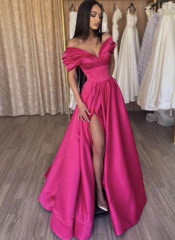 A-Line Off-The-Shoulder Short Sleeves Satin Floor-Length Prom Dress With High Split