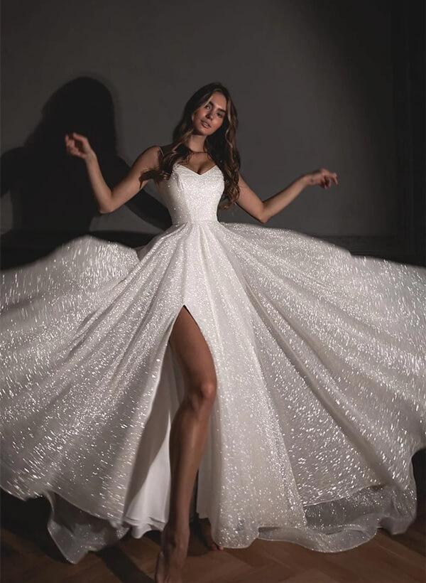 Shiny Ball-Gown Sequined Wedding Dress With Sweep Train